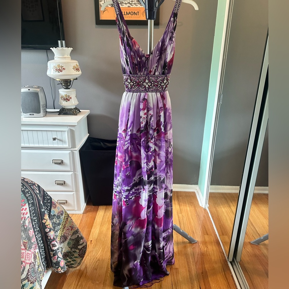 Jovani Purple Floral Maxi Prom Dress